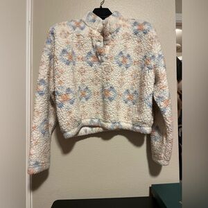 PacSun Sherpa Crop Pullover jacket-Cream, Blue&Orange-size l